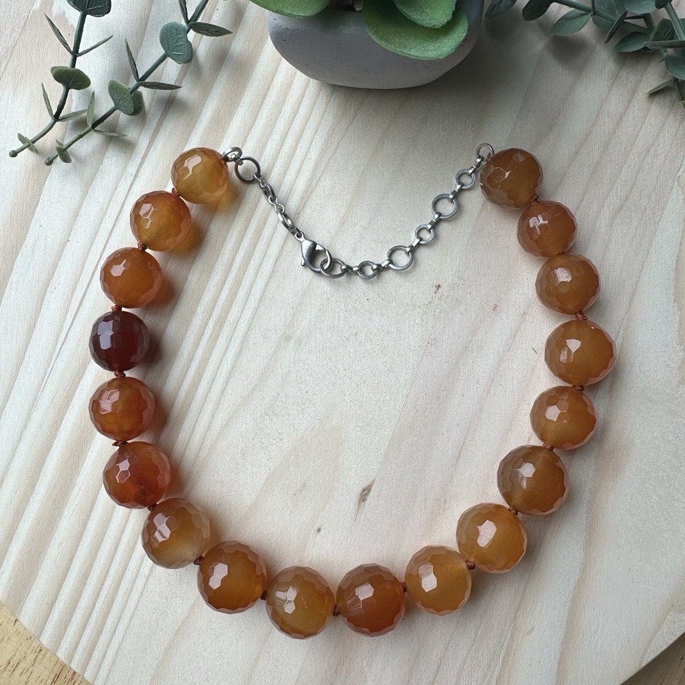 Vintage Carnelian Agate Faceted Ball Bead Necklace Silver Tone Chain 18" L‎ Rare